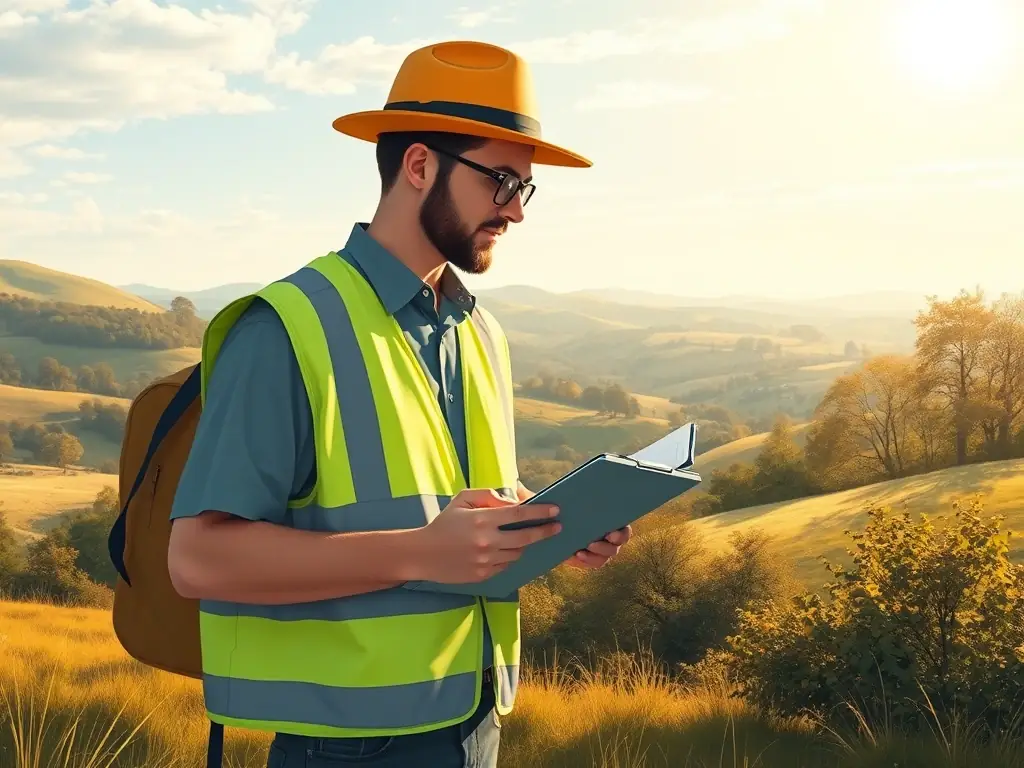 An image of a landscape architect conducting a visual impact survey in a scenic North Wales setting, focusing on the natural beauty and environmental sensitivity of the area.