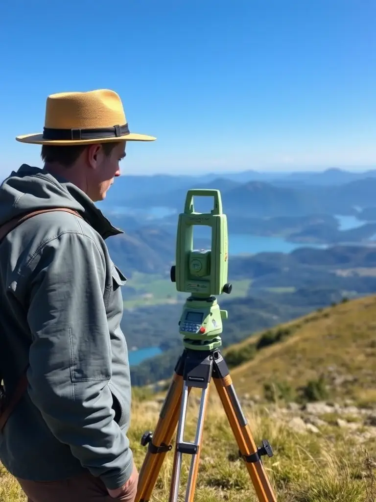 A landscape architect using a theodolite to survey a scenic vista in Eryri National Park, demonstrating local expertise.