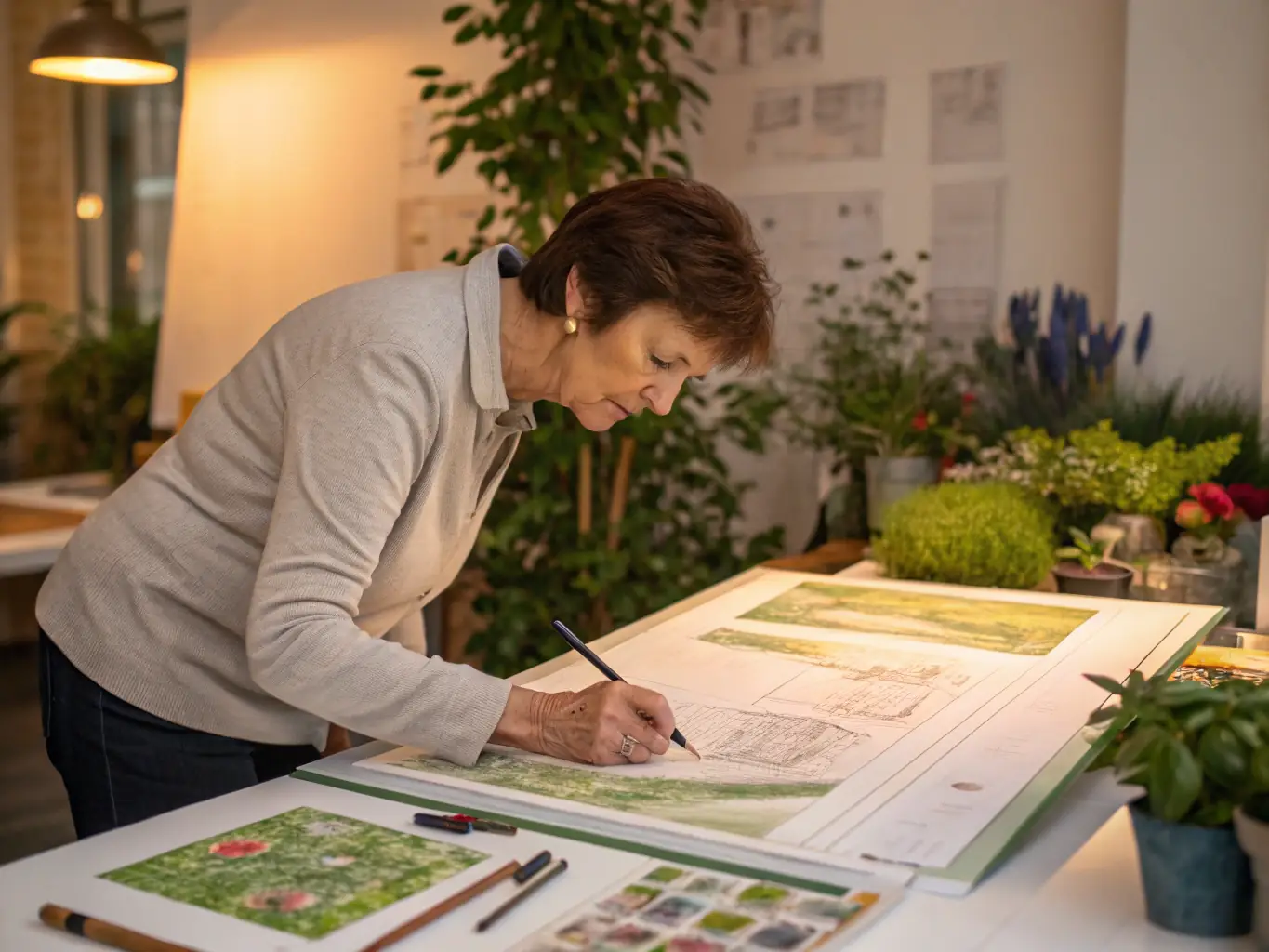 A landscape architect reviewing design plans with a backdrop of North Wales scenery, highlighting the integration of natural landscapes with development plans.